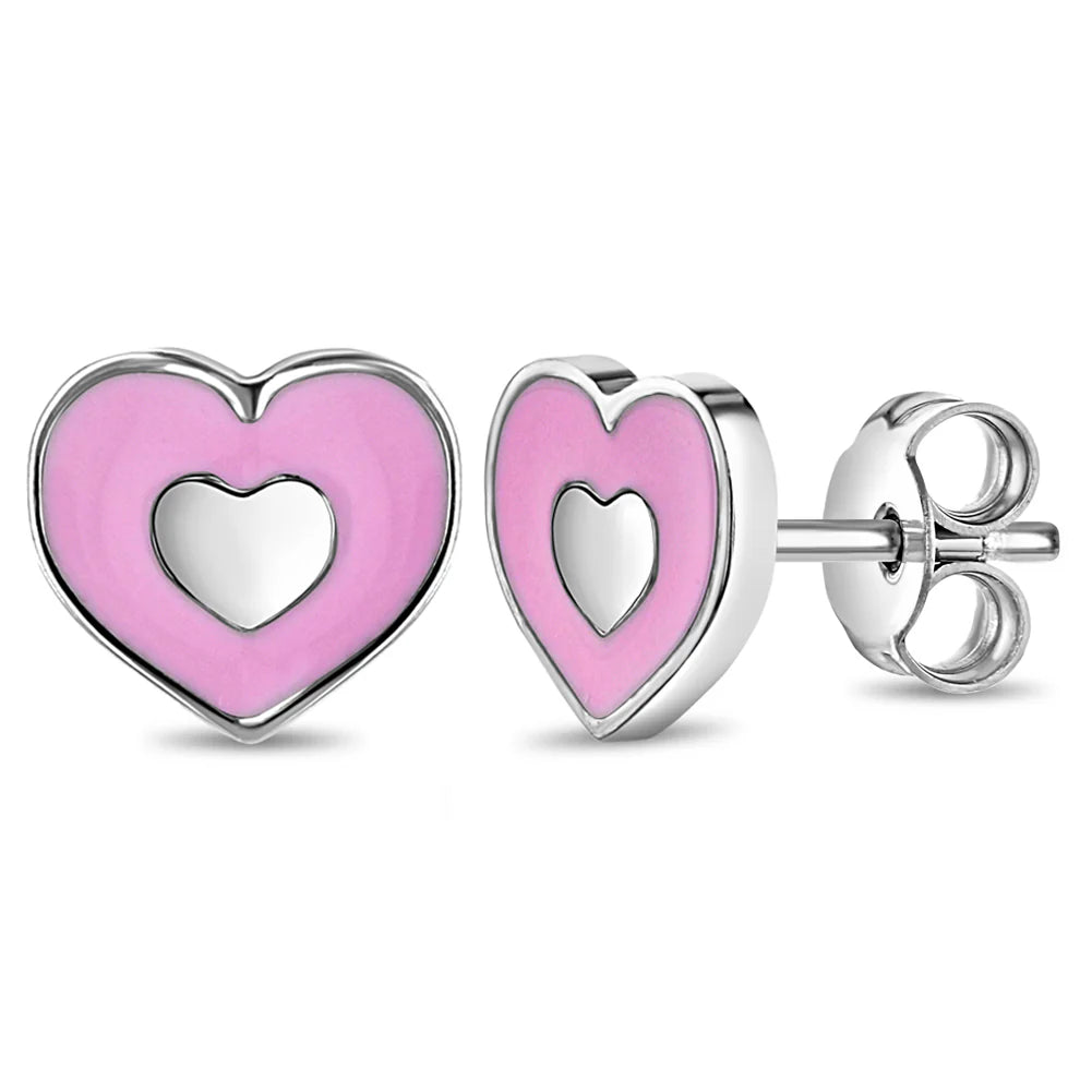 groovy pink enamel heart girls earrings