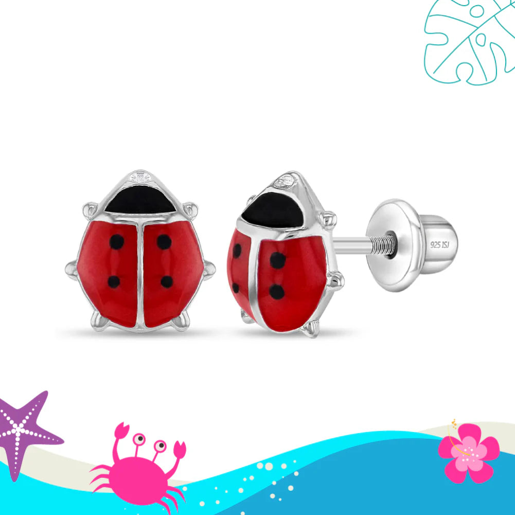 Enamel and Silver Ladybug Kids Earrings