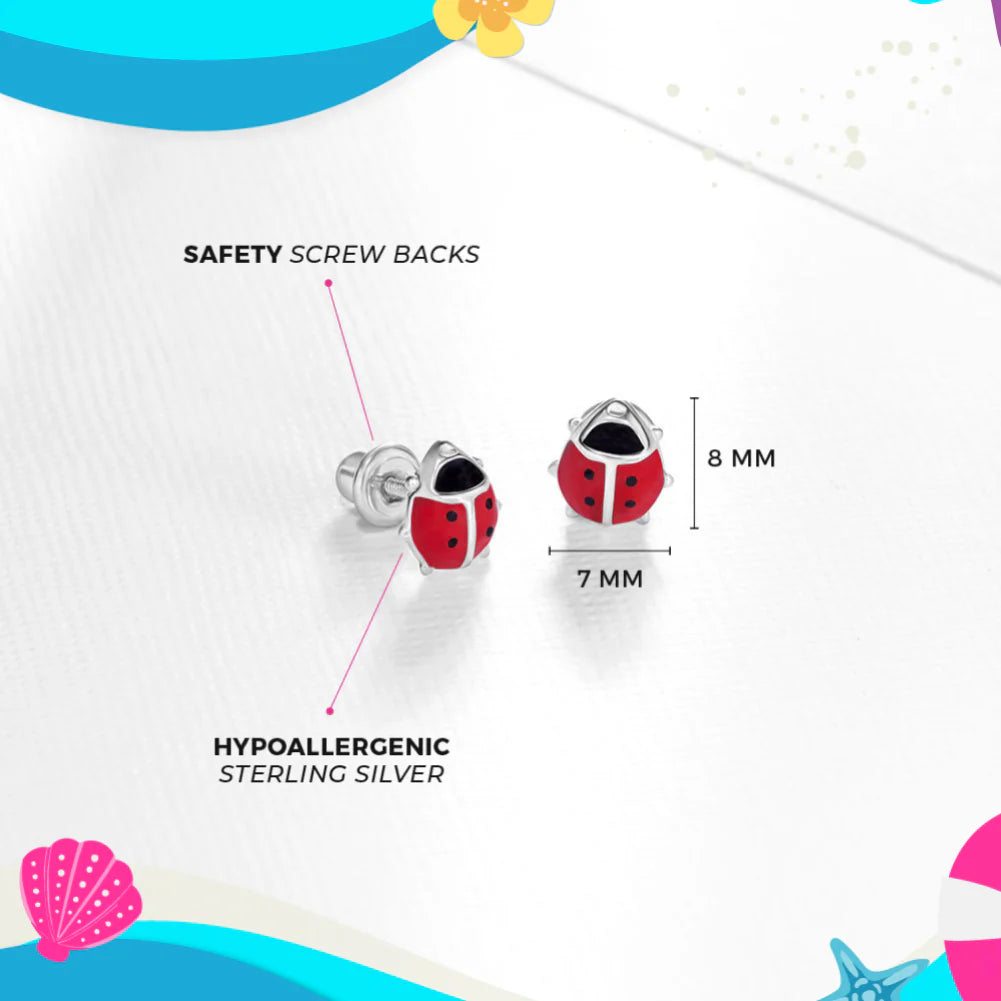 Enamel and Silver Ladybug Kids Earrings