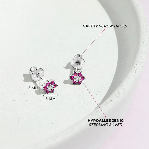 Hot Pink CZ Cluster Flower Earrings