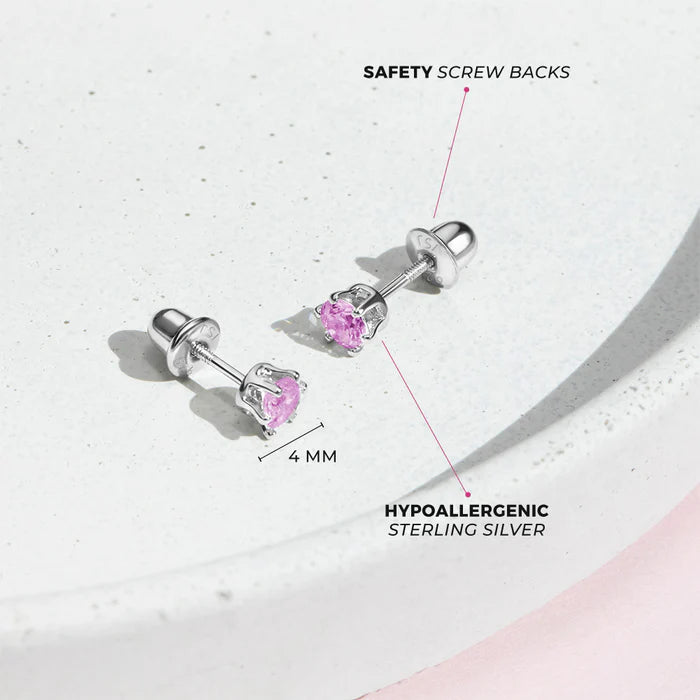 6 prong solitaire pink cz kids earrings