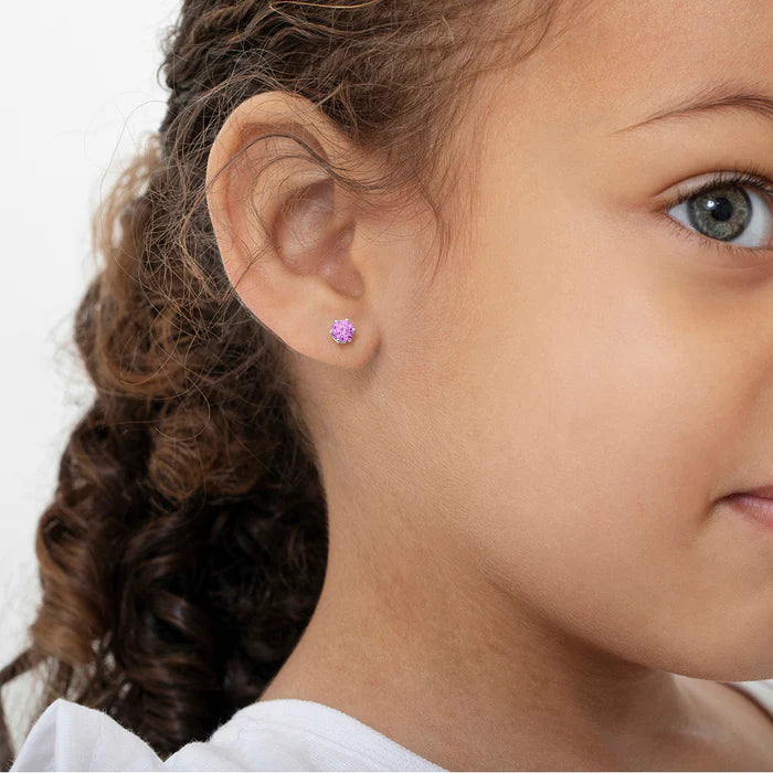 6 prong solitaire pink cz kids earrings