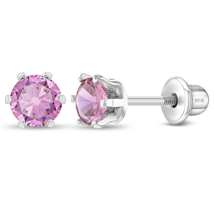 6 prong solitaire pink cz kids earrings