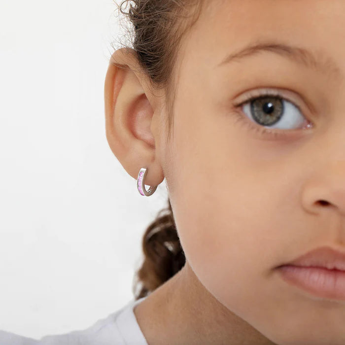 Small Channel Set Pink CZ Hoop Earrings