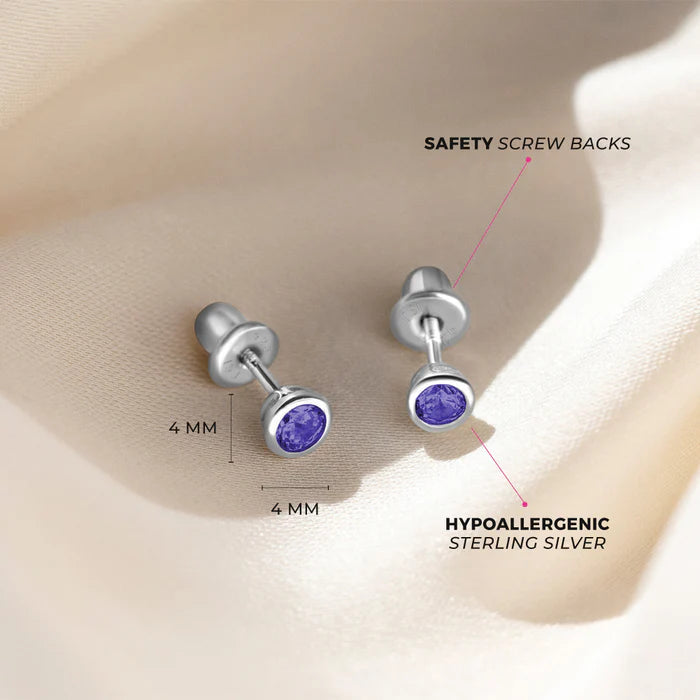 Bezel Set Solitaire Purple CZ Kids Earrings