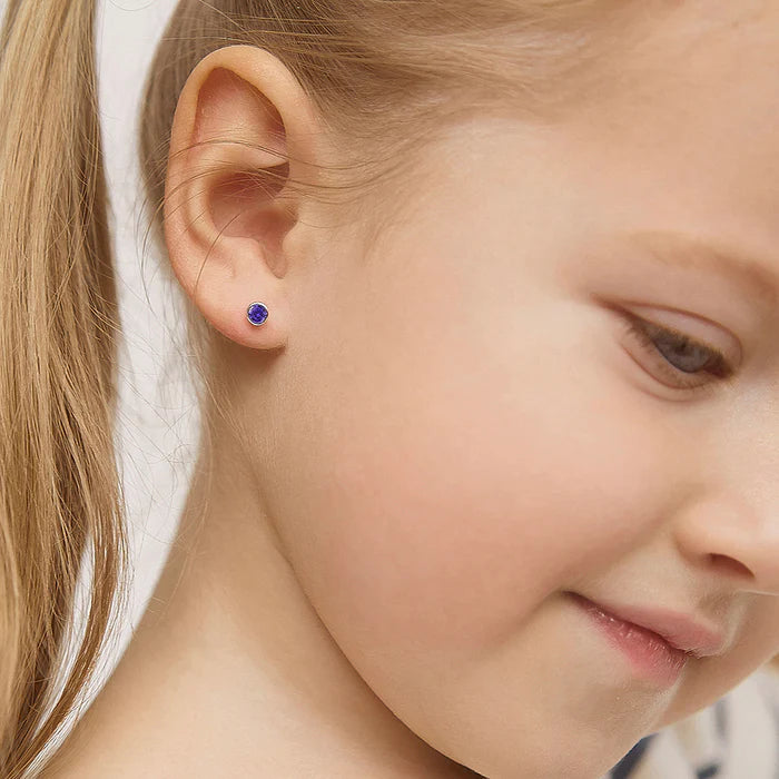Bezel Set Solitaire Purple CZ Kids Earrings