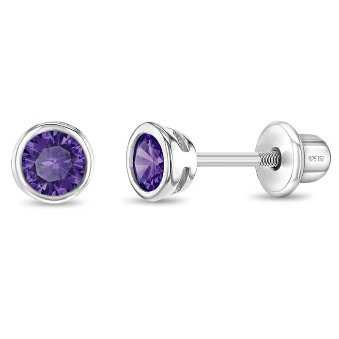 Bezel Set Solitaire Purple CZ Kids Earrings