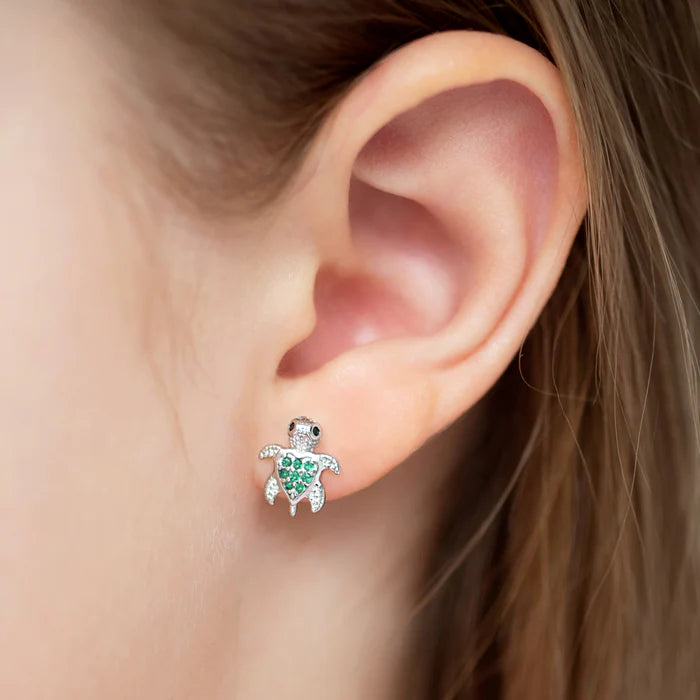 Green CZ Turtle Kids Earrings