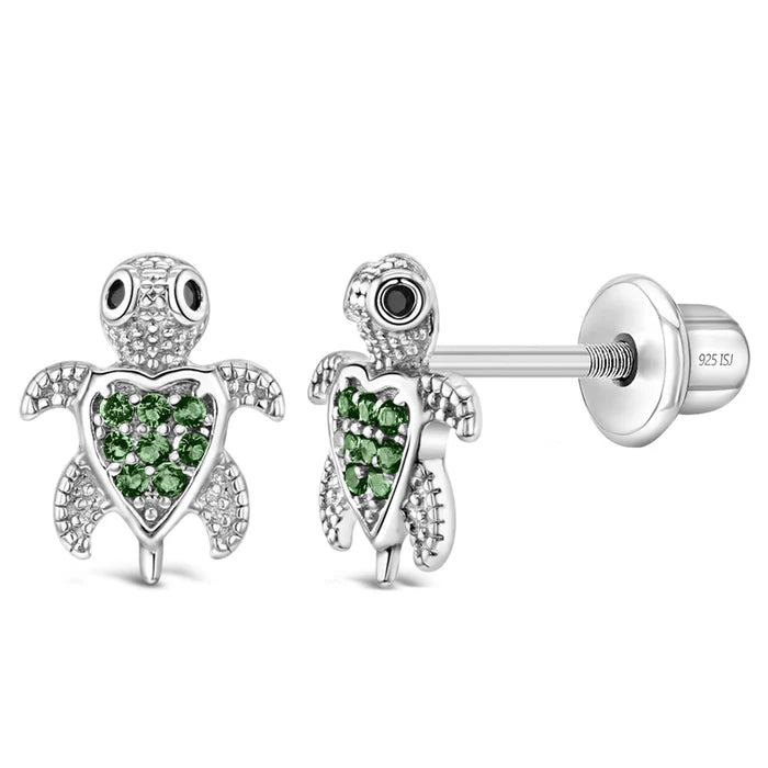 Green CZ Turtle Kids Earrings