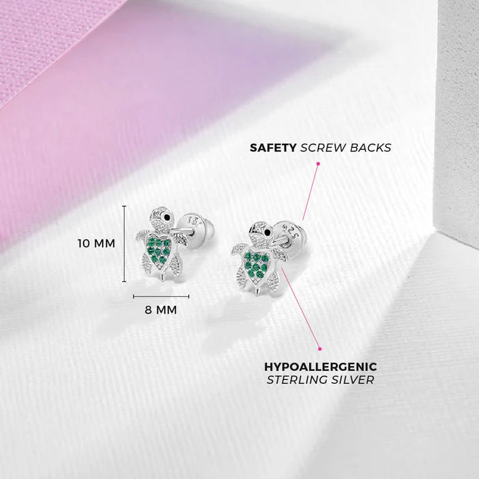 Green CZ Turtle Kids Earrings
