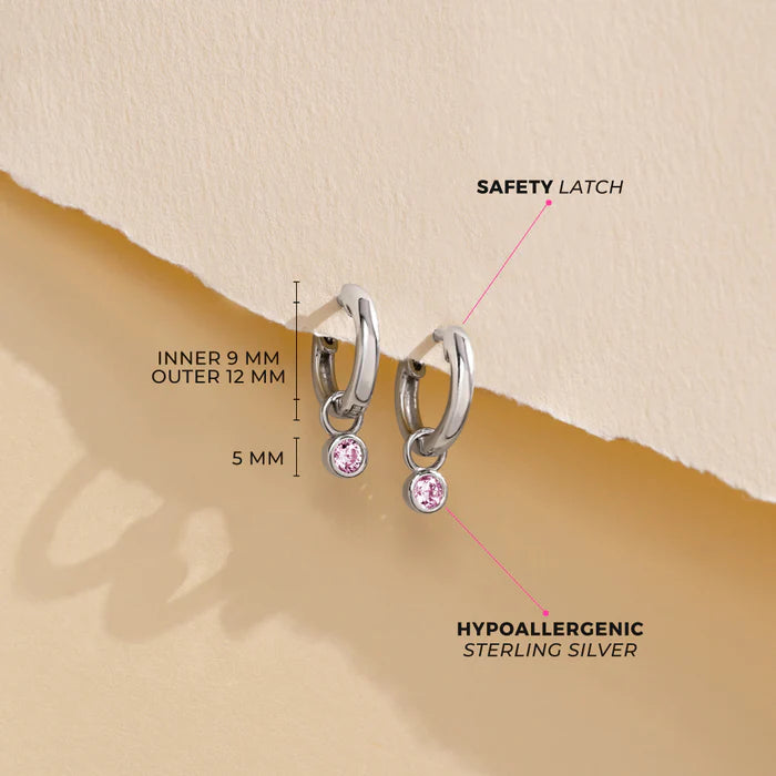Bezel Pink CZ Dangle Hoops
