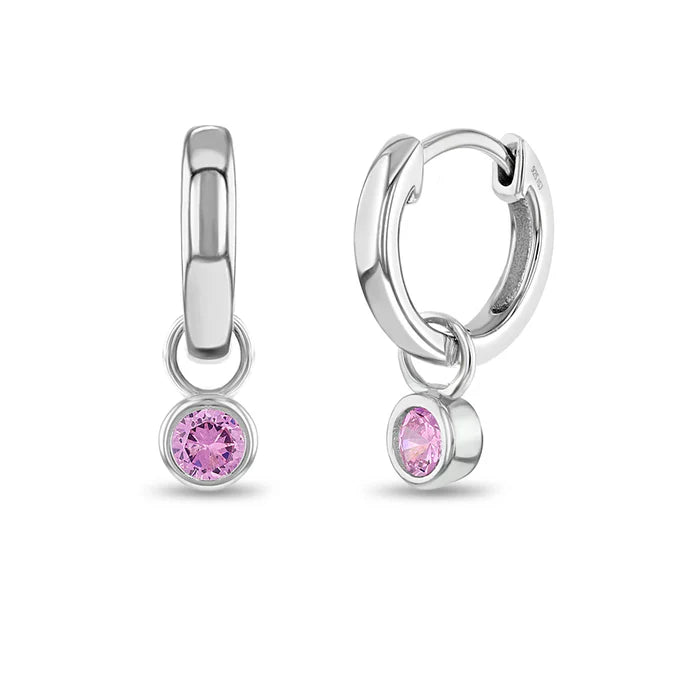 Bezel Pink CZ Dangle Hoops