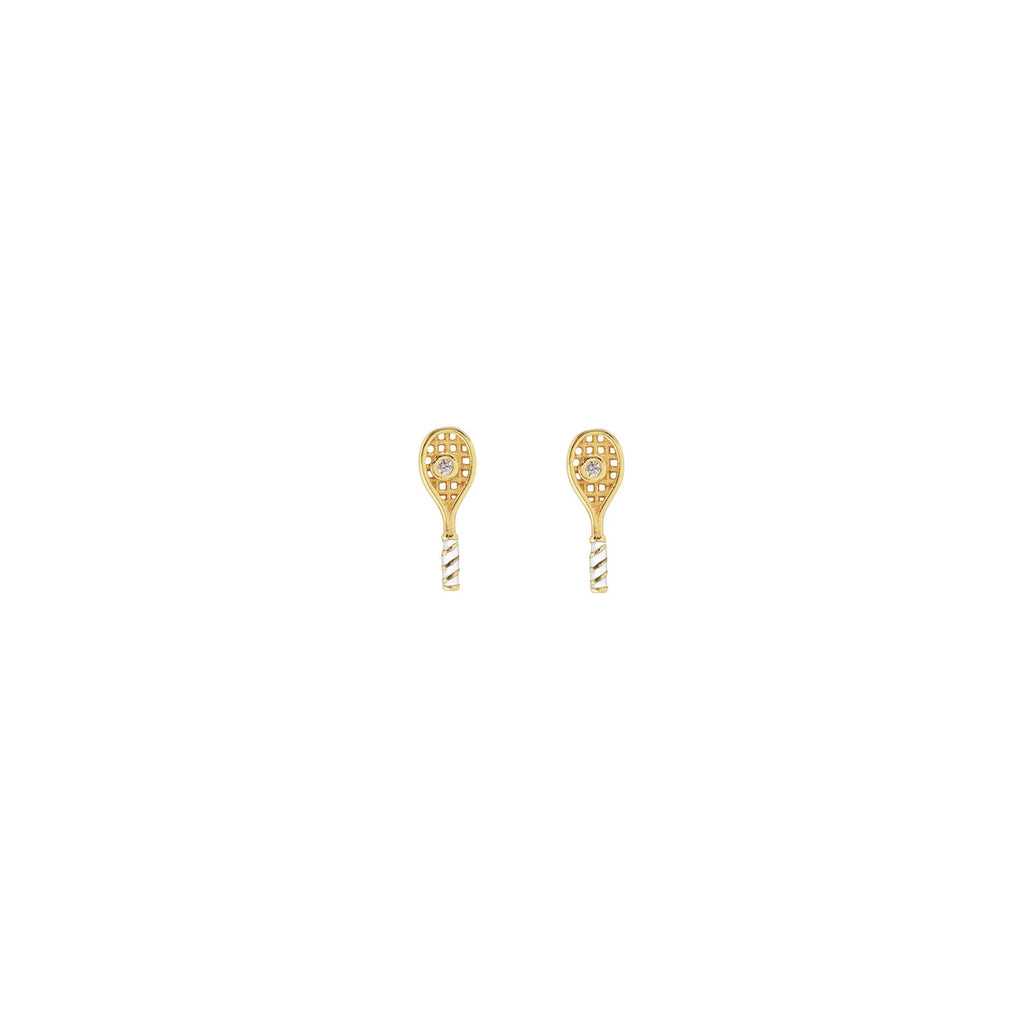 tennis racket crystal and enamel stud earrings in gold