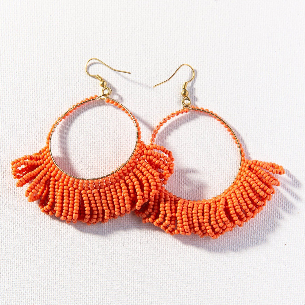 coral fringe hoop seed bead earrings 3.5"